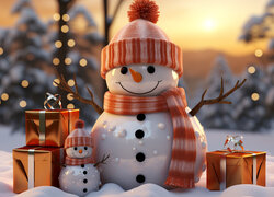 Duży i mały bałwan obok prezentów na śniegu