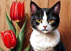 Dwa czerwone tulipany obok czarno-białego kota na tle desek