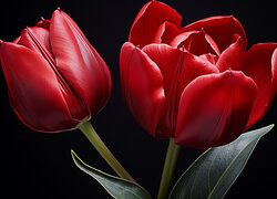 Dwa czerwone tulipany z liśćmi w 2D
