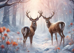 Dwa jelenie w zimowym lesie