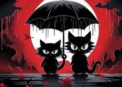 Dwa koty pod czarnym parasolem