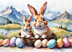 Dwa króliki w koszyku i kolorowe pisanki