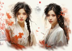 Dwie długowłose Azjatki w białych kimonach