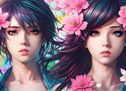 Dwie, Dziewczyny, Włosy, Kwiaty, Manga