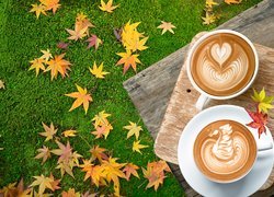 Dwie kawy cappuccino obok jesiennych liści na trawie