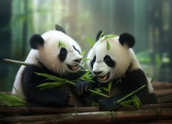 Dwie pandy jedzące liście bambusa