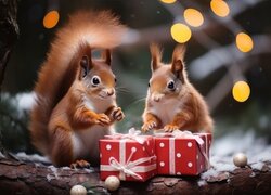 Dwie rude wiewiórki i dwa pudełka z prezentami