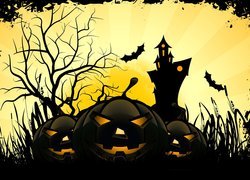 Dynie i zamek czarownicy w halloweenowej grafice