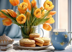 Dzbanek z napojem i ciasteczka obok żółtych tulipanów w wazonie