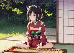 Dziewczyna, Uszy, Kimono, Instrument, Drzewa, Trawa, Dom, Manga Anime
