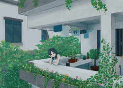 Dziewczyna i kot na balkonie w anime