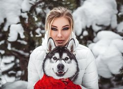 Dziewczyna, Biała, Kurtka, Pies, Siberian husky, Zima