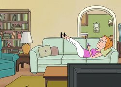 Serial animowany, Rick i Morty, Kanapa, Telewizor, Dziewczyna