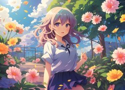 Dziewczyna, Ogród, Kwiaty, Anime
