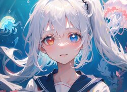 Dziewczyna, Heterochromia, Meduza, Podwodny świat, Anime