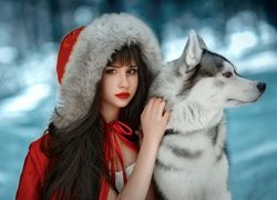 Dziewczyna, Czerwony, Płaszcz, Kaptur, Śnieg, Pies, Siberian husky