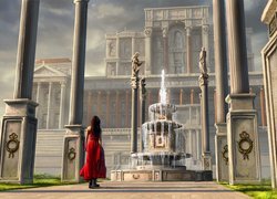 Dziewczyna w czerwonej sukni przed pałacem