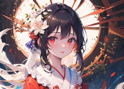 Dziewczyna, Kimono, Kwiaty, Okno, Anime
