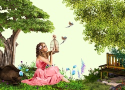 Dziewczyna wypuszcza ptaki z klatki w grafice 2D