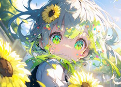 Dziewczyna, Duże oczy, Słoneczniki, Kwiaty, Anime