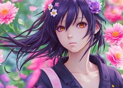 Dziewczyna, Filetowe, Włosy, Kwiaty, Anime