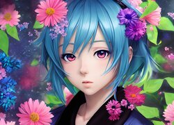 Dziewczyna, Niebieskie, Włosy, Kwiaty, Anime