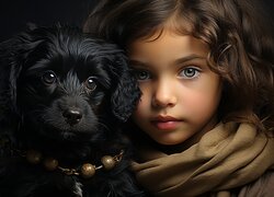 Dziewczynka otulona szalem przytulona do czarnego psa