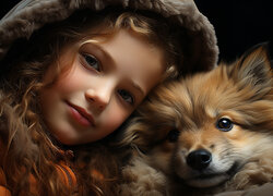 Dziewczynka w kurtce z futrzanym kapturem przytulona do psa