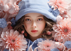 Dziewczynka w niebieskiej czapce otoczona kwiatkami