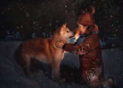 Dziewczynka, Pies, Akita inu, Śnieg, Zima