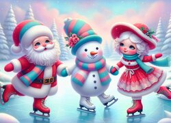 Dziewczynka z bałwankiem i Mikołajem na lodowisku w grafice