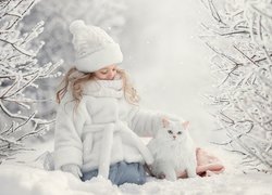 Dziewczynka, Biały, Kot, Zima