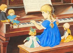 Dziewczynka z lalkami grająca na fortepianie