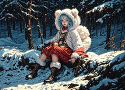 Dziewczynka z niebieskimi włosami w zimowym lesie