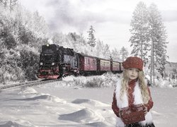 Dziewczynka z prezentem na tle pociągu
