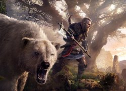 Eivor i niedźwiedź w lesie z gry Assassins Creed Valhalla