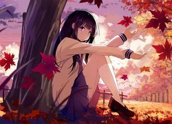 Manga Anime, Seria Hyouka, Postać Eru Chitanda, Dziewczyna, Jesień, Drzewa, Liście