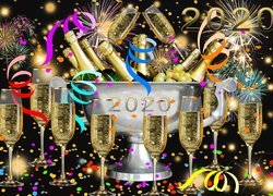 Nowy Rok, Sylwester, Fajerwerki, Noc, Data, 2020, Konfetii, Puchar, Alkohol, Butelki, Kiliszki, Szampan, Owoce, Winogron, 2D