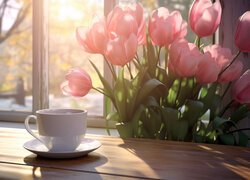 Filiżanka i różowe tulipany przy oknie