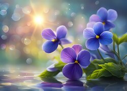 Fioletowe i niebieskie kwiaty i liście w wodzie