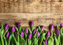 Fioletowe tulipany na drewnianych deskach