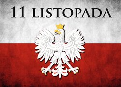 Flaga Polski z orłem i napisem
