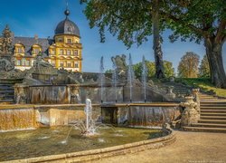 Zamek Seehof, Fontanna, Schody, Drzewo, Bamberg, Bawaria, Niemcy
