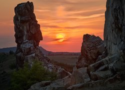Wschód słońca, Skały, Formacja skalna, Teufelsmauer, Okręg Harz, Saksonia-Anhalt, Niemcy