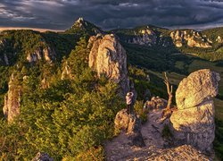 Góry Strażowskie, Karpaty Zachodnie, Skały, Rezerwat, Sulovske skaly, Drzewa, Ciemne, Chmury, Słowacja