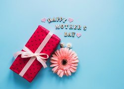 Dzień Matki, Prezent, Gerbera, Napis, Happy Mothers Day, Niebieskie, Tło