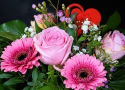 Kwiaty, Róże, Gerbery, Serce, Bukiet