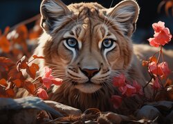 Puma, Dziki kot, Rośliny, Światło, Grafika