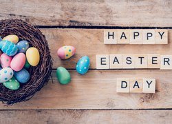 Wielkanoc, Gniazdo, Pisanki, Życzenia, Napis, Happy Easter Day, Deski