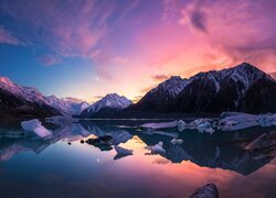 Nowa Zelandia, Jezioro, Tasman Lake, Góry, Góra Cooka, Lód, Zachód słońca, Park Narodowy Góry Cooka
